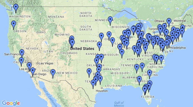 Map of USA showing chapters using the GreekTrack system.